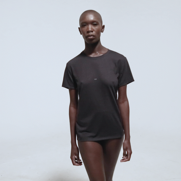 front view model in black t-shirt white print over white background gif animation