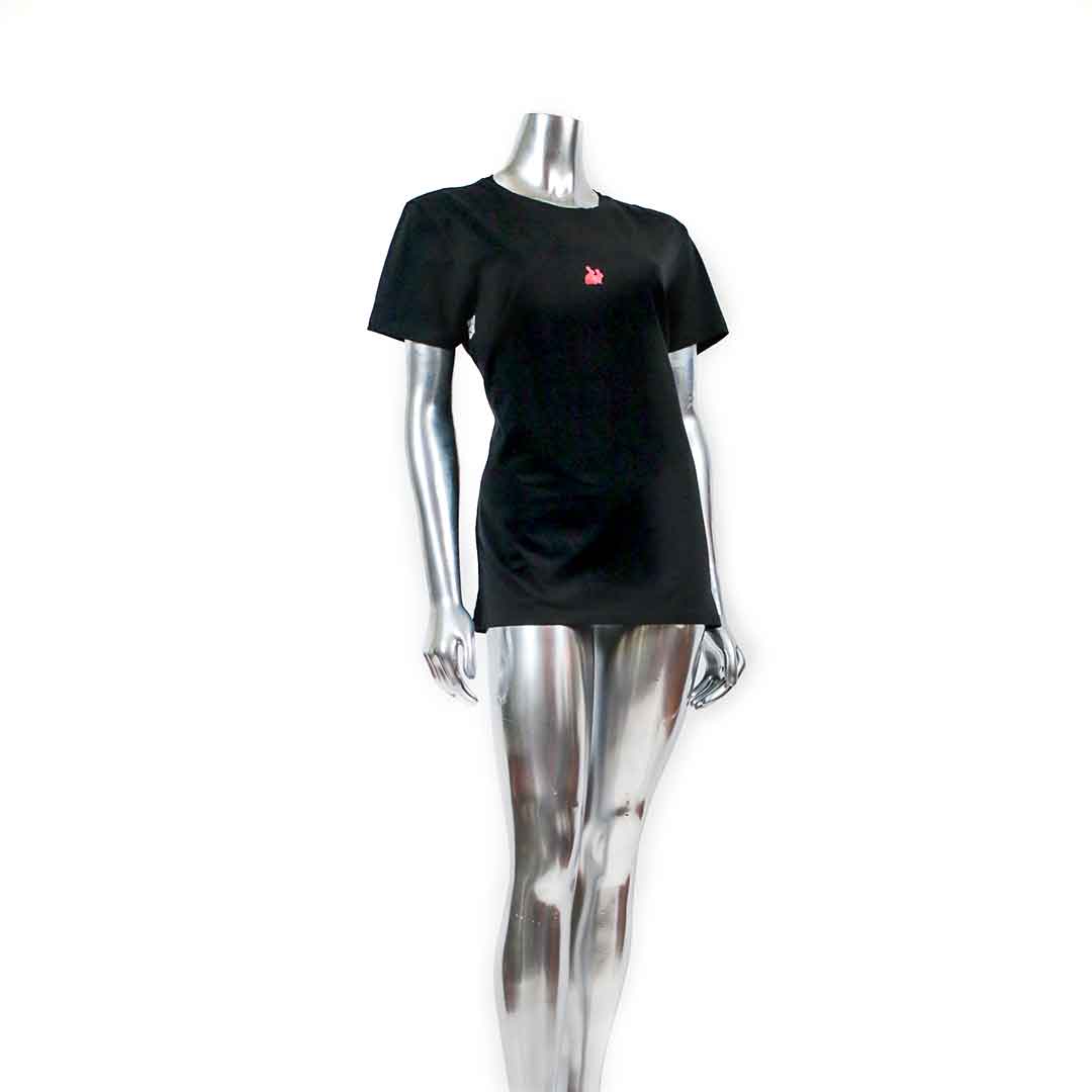 black t-shirt red rabbits illustration over white background