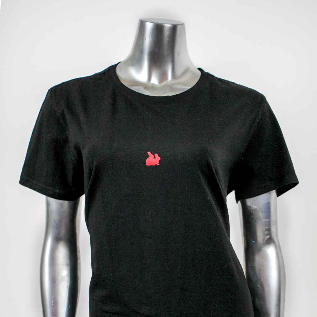 black t-shirt red rabbits illustration over white background