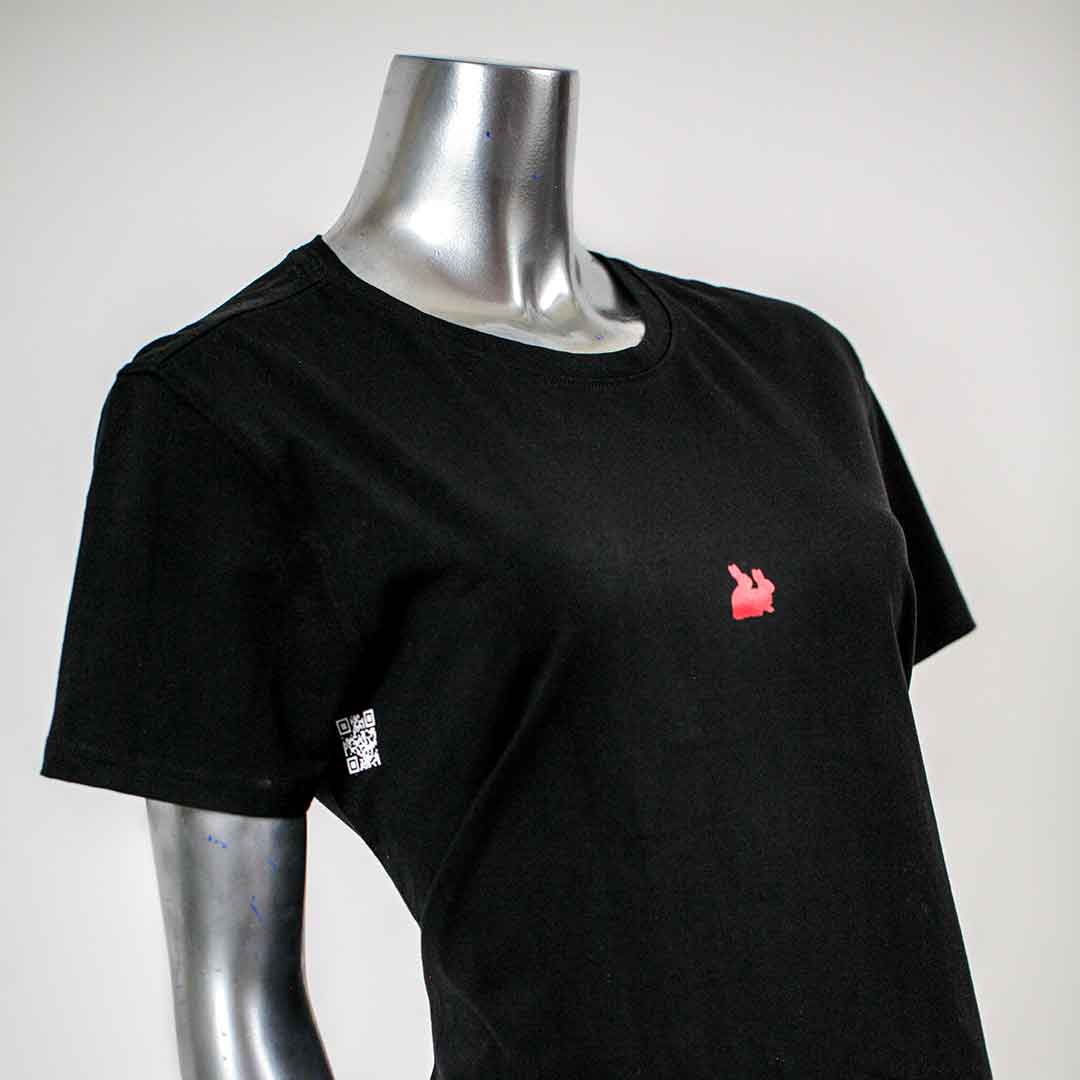 black t-shirt red rabbits illustration qr code over white background
