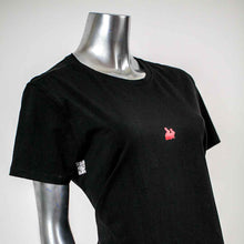 Load image into Gallery viewer, black t-shirt red rabbits illustration qr code over white background