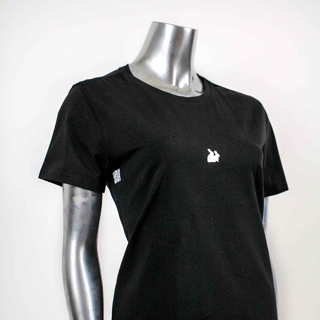 black t-shirt white rabbits illustration over white background