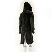 Load image into Gallery viewer, back view black velvet hoodie coat suit jacket on form over white background