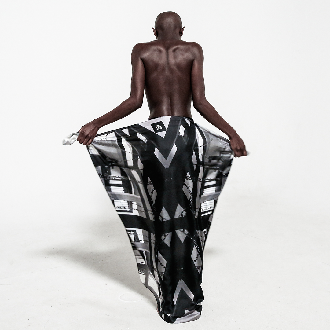 back view silk scarf wrapped around waist over white background