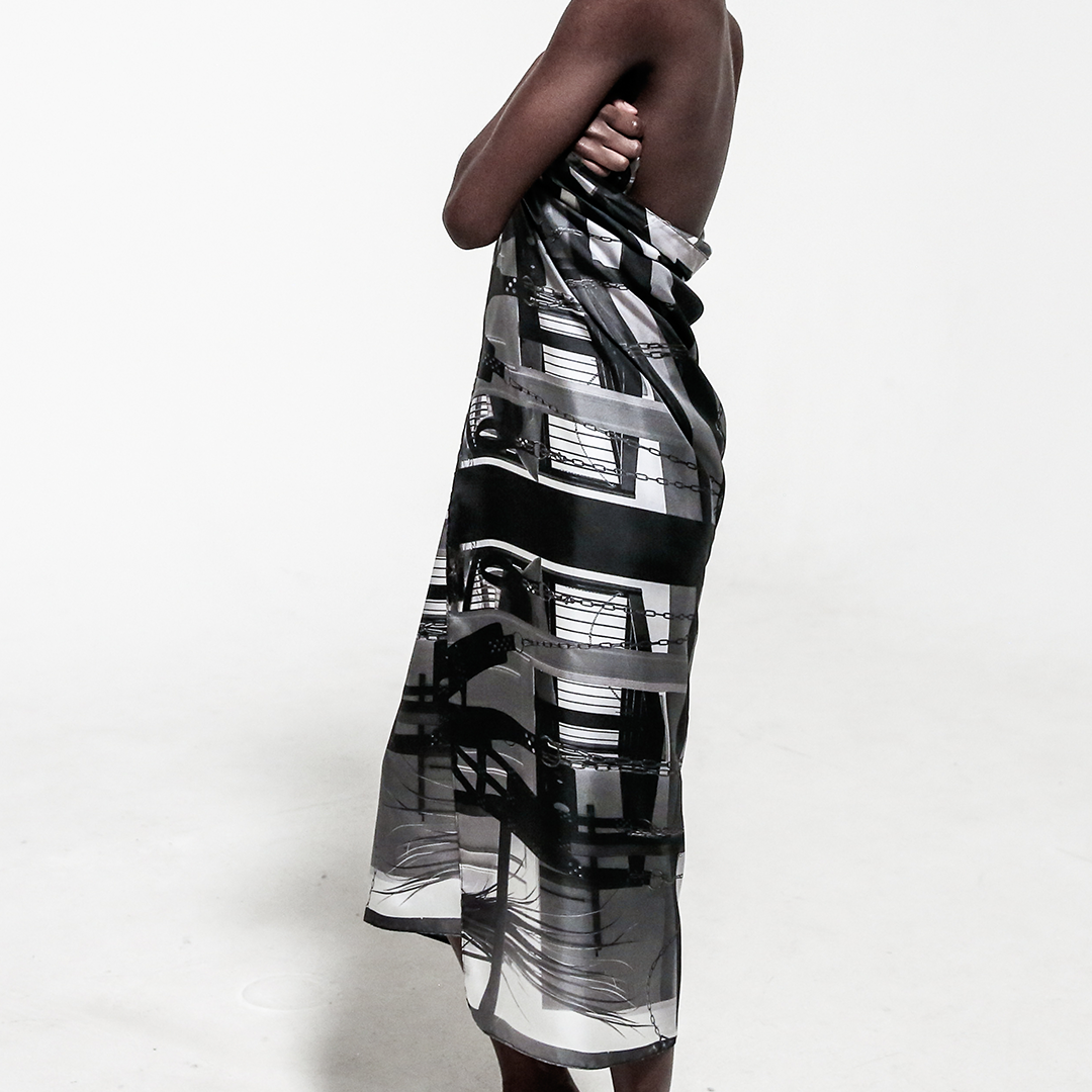front view silk scarf dress wrapped around over white background