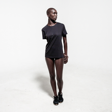 Load image into Gallery viewer, front view full length model in black t-shirt white print over white background