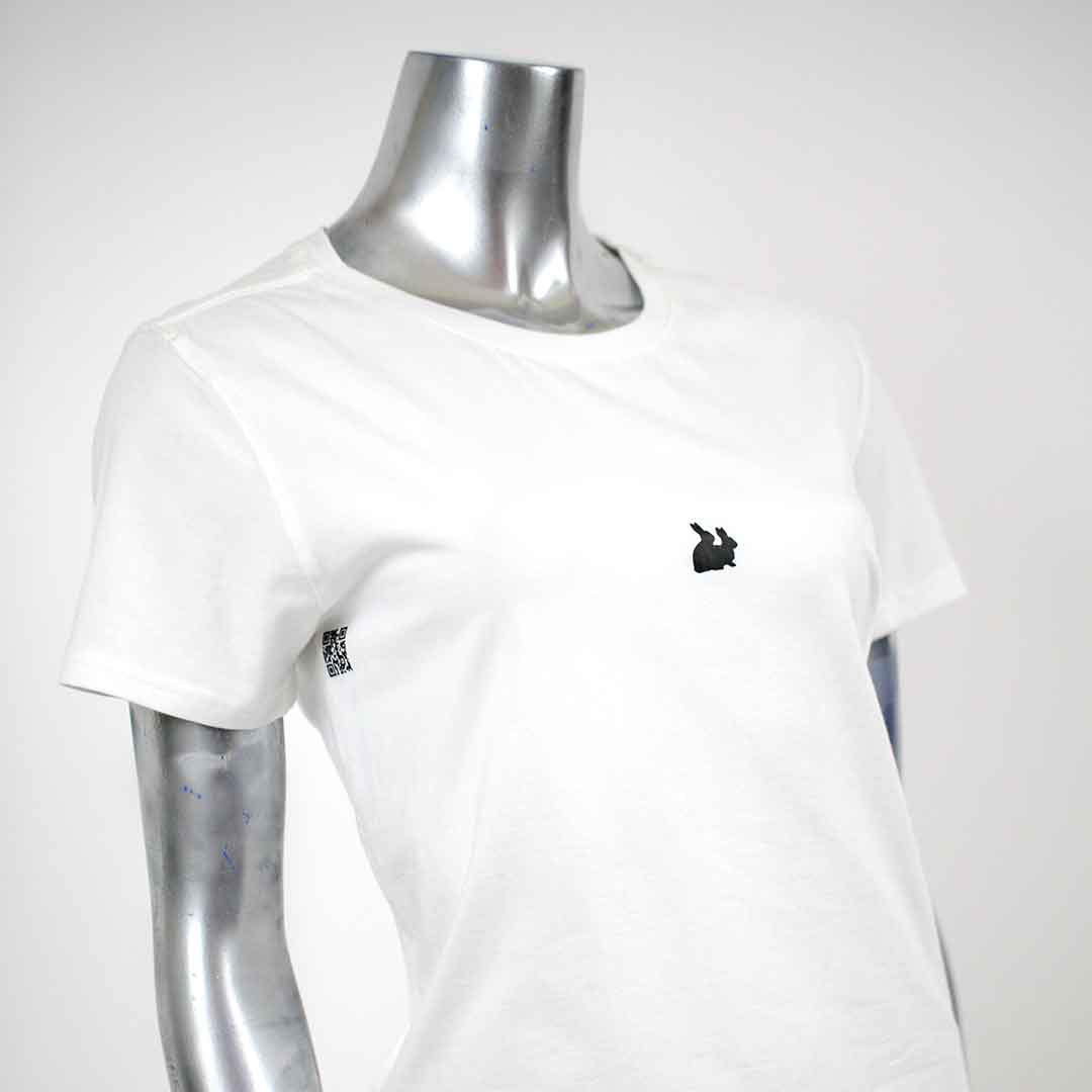 white t-shirt black rabbits illustration over white background