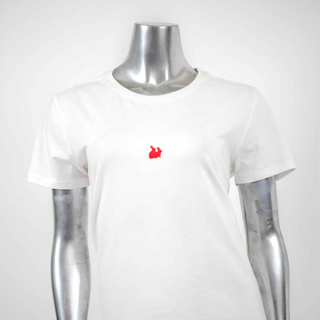 white t-shirt red rabbits illustration over white background
