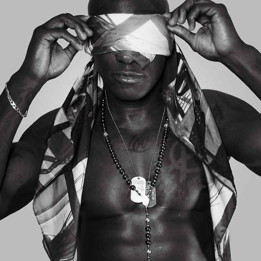 tkink silk scarf blindfolded male model