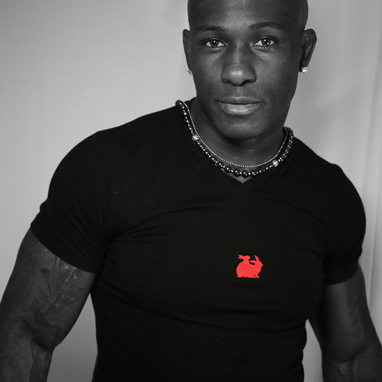 front view male model in black t-shirt with red rabbits