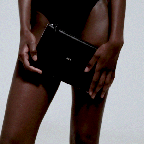 front and back view black leather swing clutch bag animated gif