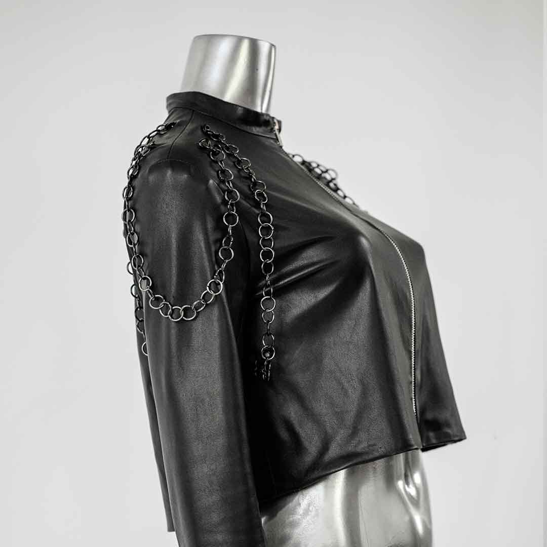 Black Chain Leather Jacket Streetwear