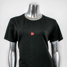 Load image into Gallery viewer, black t-shirt red rabbits illustration over white background
