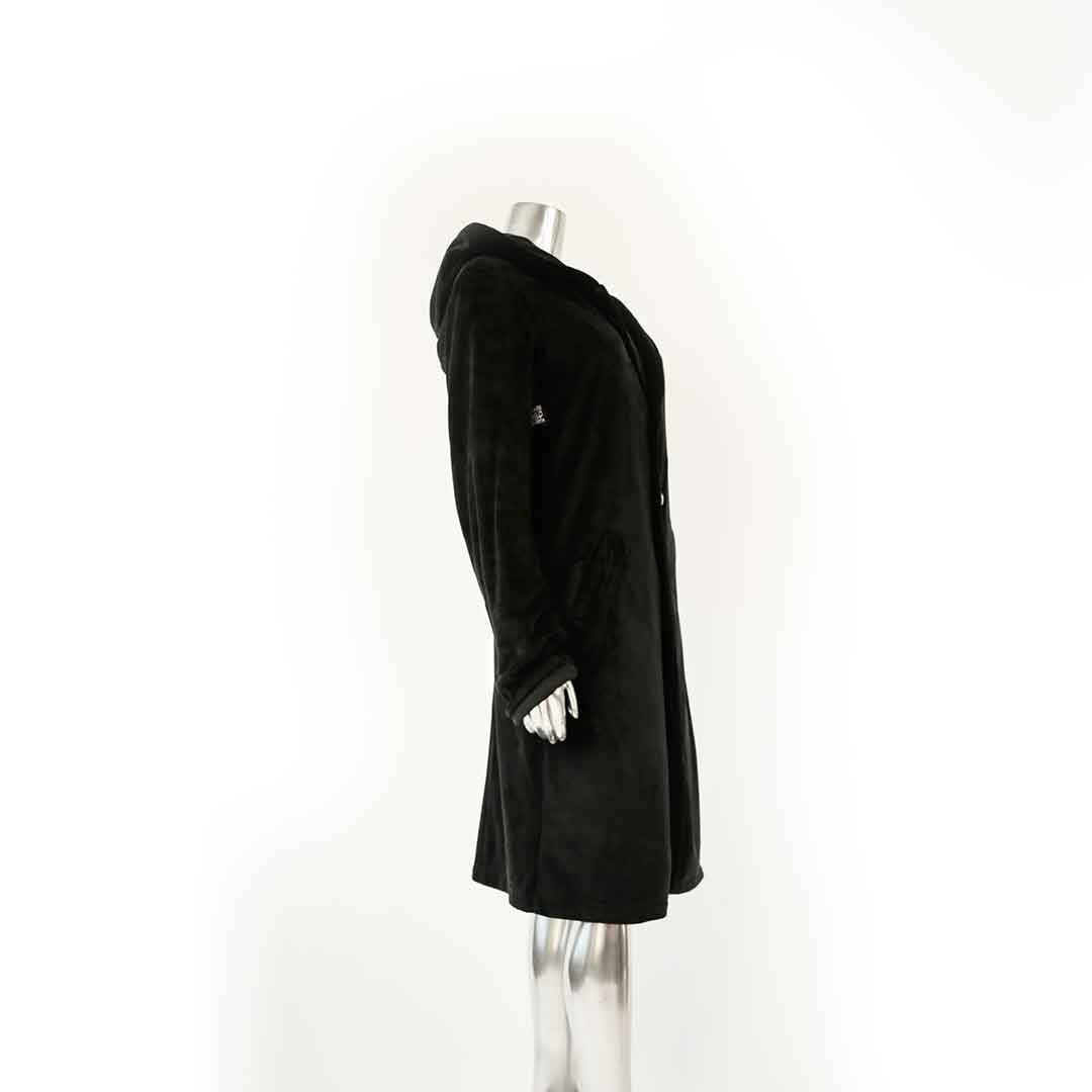 black velvet hoodie coat suit jacket on form over white background