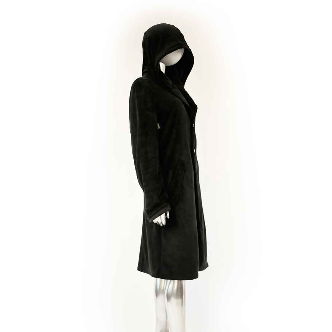 black velvet hoodie coat suit jacket on form over white background