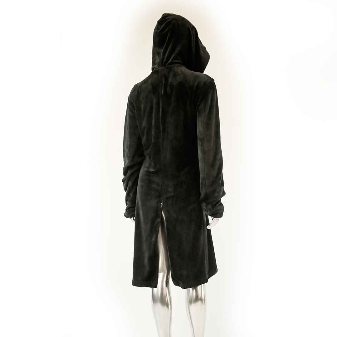 back view black velvet hoodie coat suit jacket on form over white background