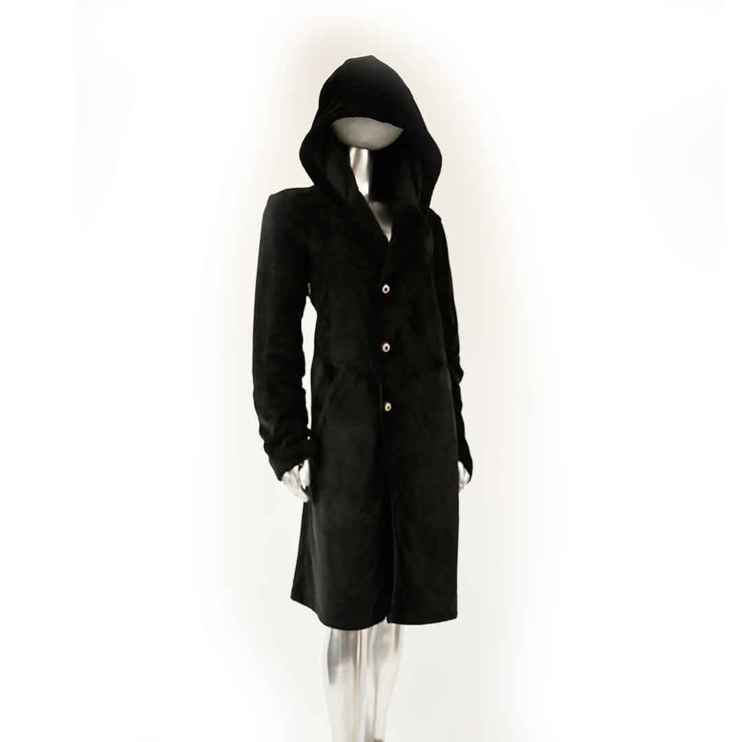 front view black velvet hoodie coat suit jacket on form over white background