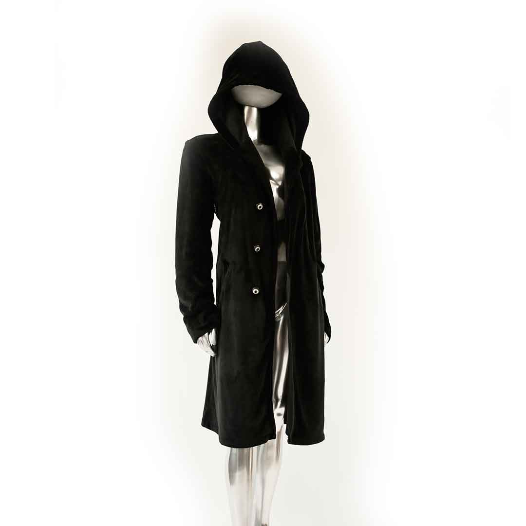 black velvet hoodie coat suit jacket on form over white background