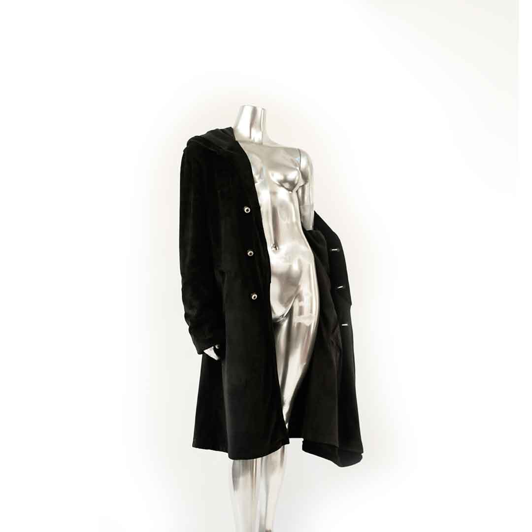 black velvet hoodie coat suit jacket on form over white background