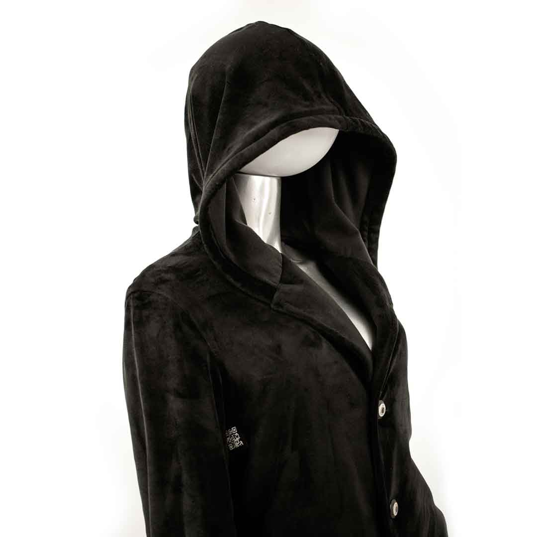 qr code on black velvet hoodie coat suit jacket on form over white background
