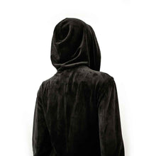 Load image into Gallery viewer, back view of black velvet hoodie coat suit jacket on form over white background
