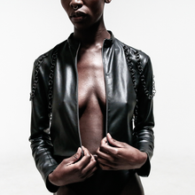 Load image into Gallery viewer, front view black chain leather jacket
