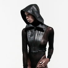 Load image into Gallery viewer, front view black leather vest hoodie
