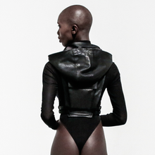 Load image into Gallery viewer, back view black leather vest hoodie
