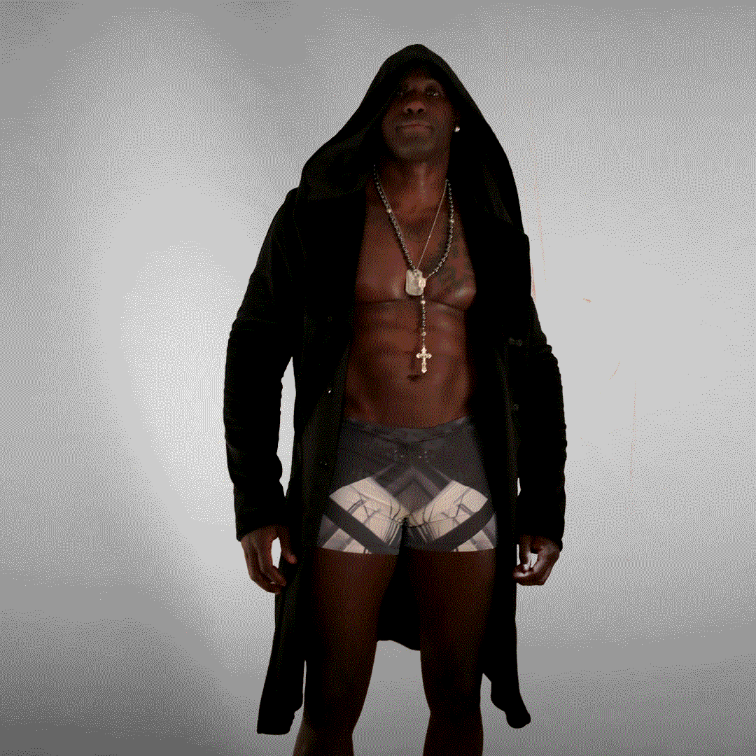 front view black velvet hug hoodie knee high coat over white background gif animation