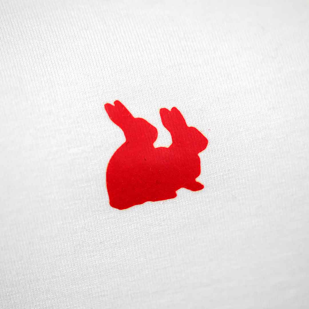 white t-shirt red rabbits illustration